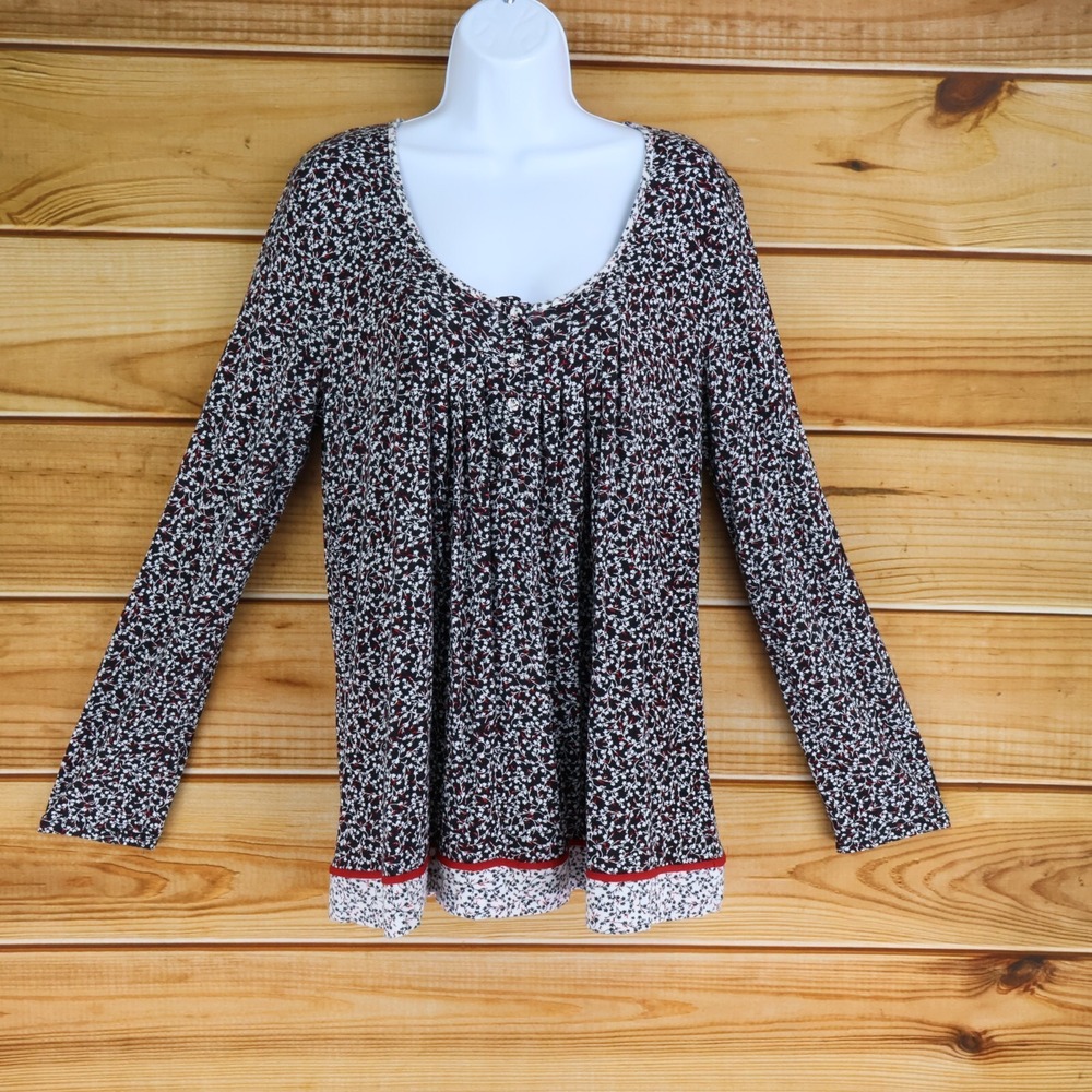 Ellen Tracy Long Sleeve Shirt Womens M Black Floral Pleated‎ Front Stretch Soft